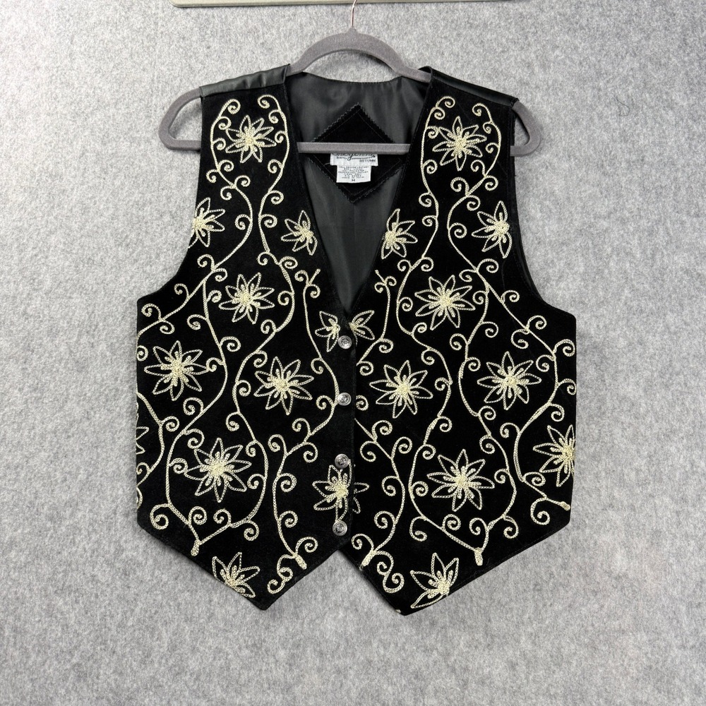 Cheyenne Autumn Womens Vest Medium Black Suede Leather Embroidered Floral‎